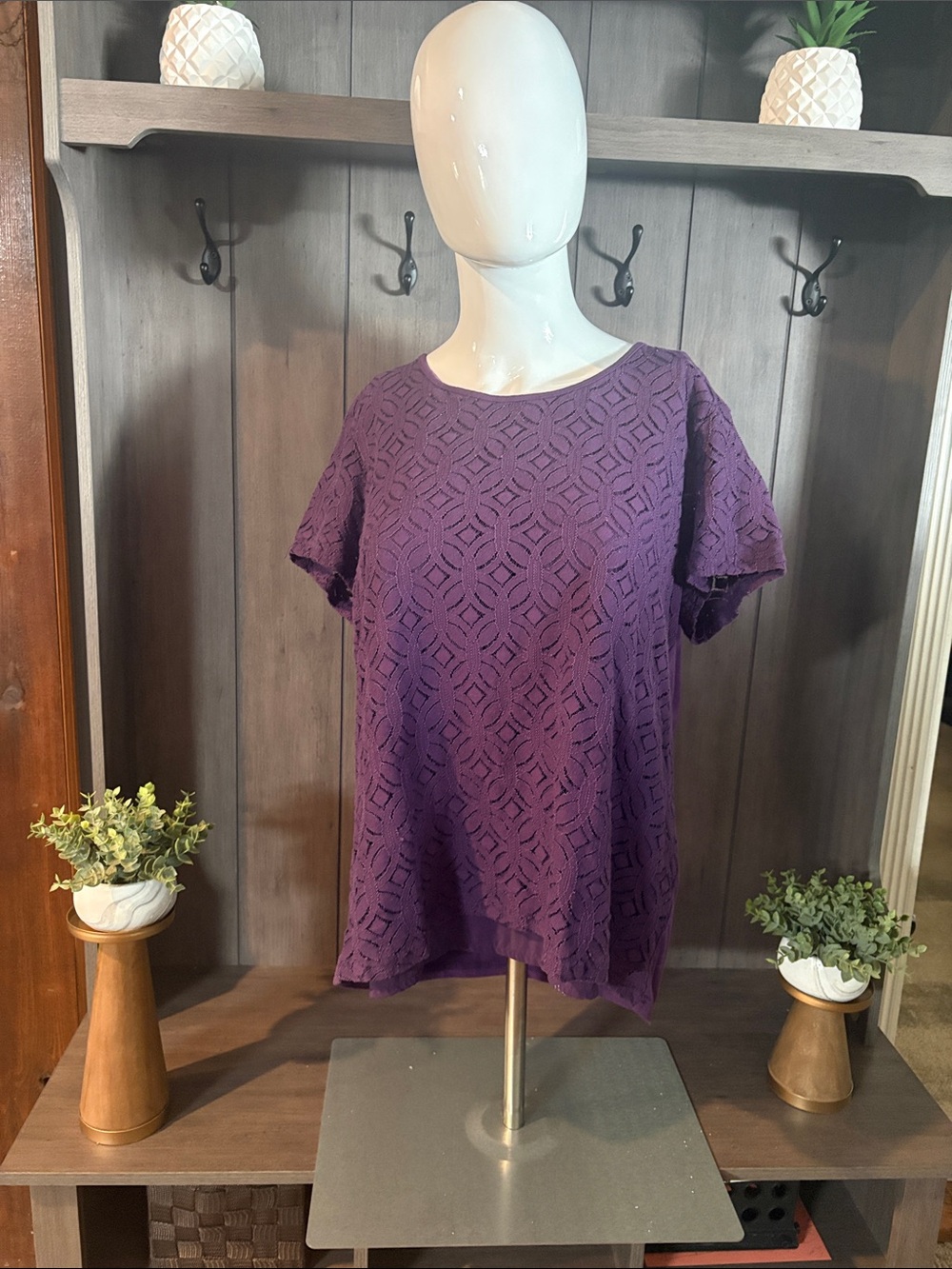 Market & Spruce Purple Short-Sleeve Lace Overlay Top